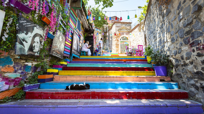 A cat laying on colorful steps outside in Istanbul