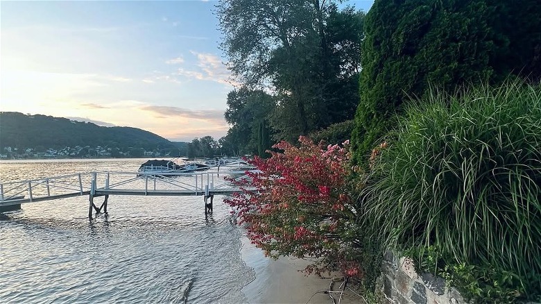 Beach view surrounded by trees at Candlewood Lake