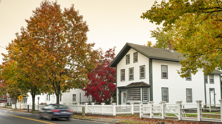 Main Street in downtown Mystic, Connecticut in October with fall colors