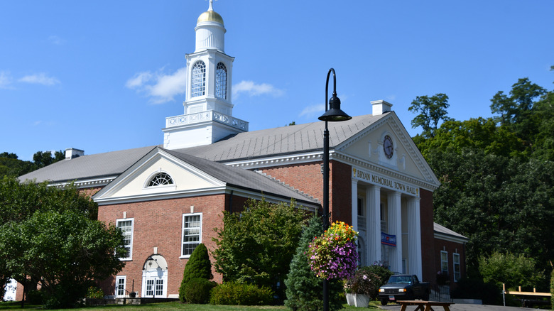 View of town hall building exterior in Washington Depot, Connecticut.