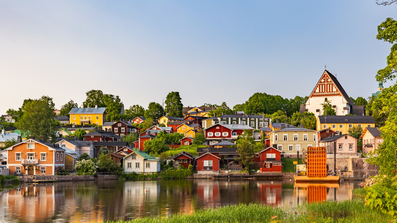 Quaint wooden buildings by the river in Porvoo
