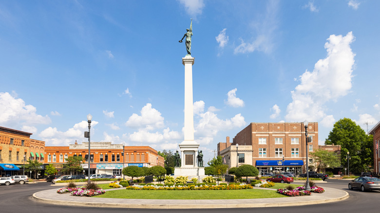 Traffic circle with obelisk in downtown Angola, Indiana