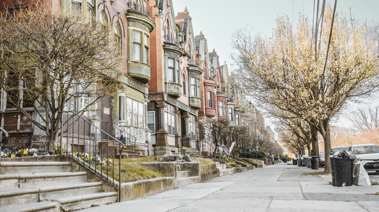 Historic facades of homes with bay windows from the street in Ardmore PA.