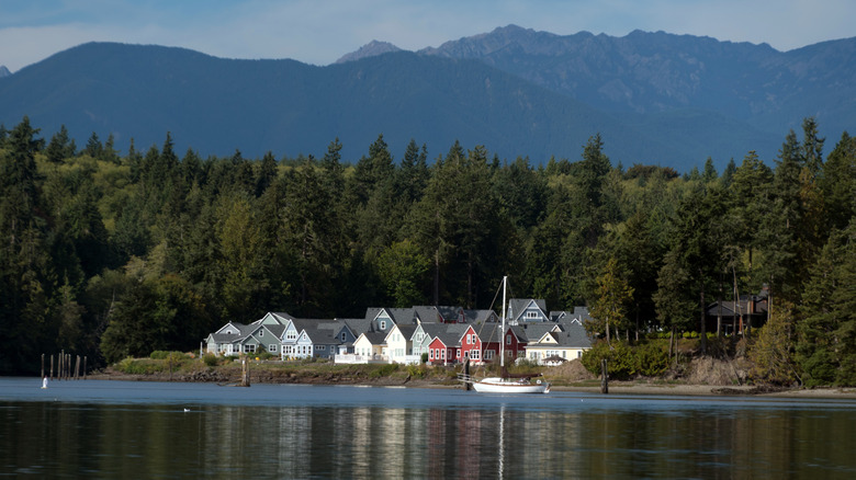 The Port Ludlow marina with the Inn and other buildings boasting a charming New England style
