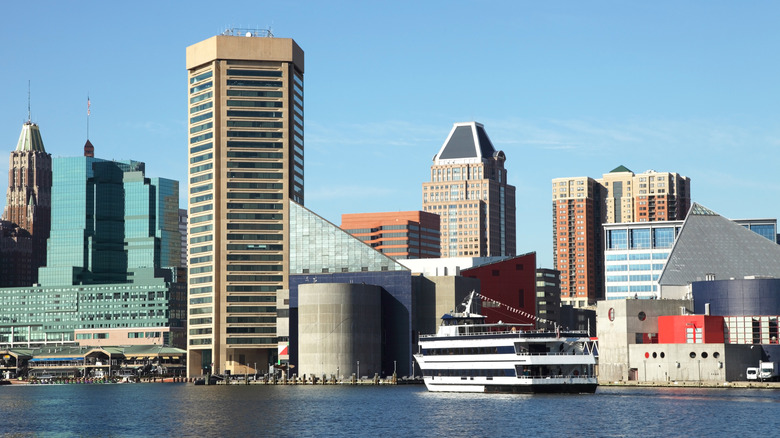 Baltimore inner harbor with cruise ship in foreground