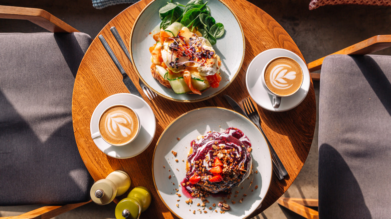 Plates of food set on a round table