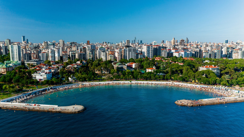 Aerial of Caddebostan Beach backed by Kadikoy neighborhood
