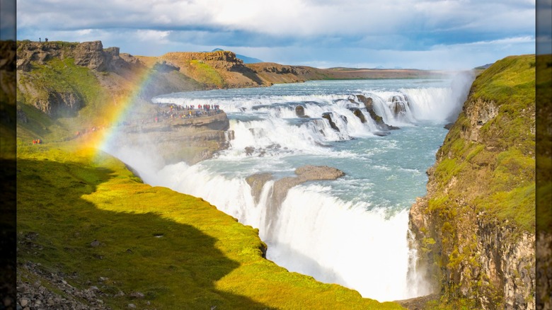 rainbow over Gullfoss Waterfall and Hvitá River in Iceland