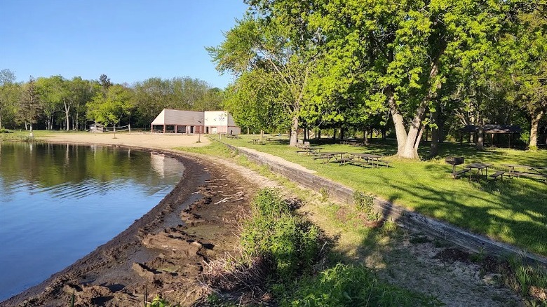 The beach at Governor Nelson State Park with nearby trees, picnic tables, shelter, and lake.