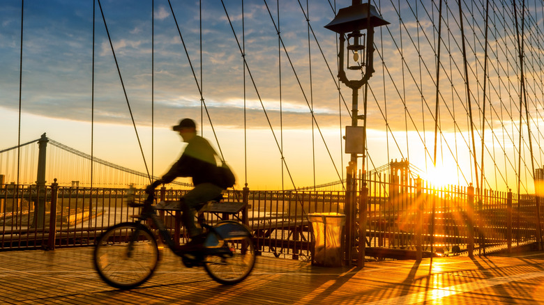 A cyclist on the Brooklyn Bridge