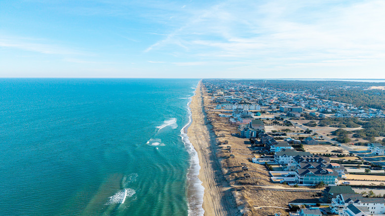Aerial view of Dare County's coastline looking south down the Atlantic Ocean