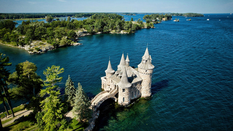 Aerial view of Boldt Castle on Hearst Island in New York in autumn