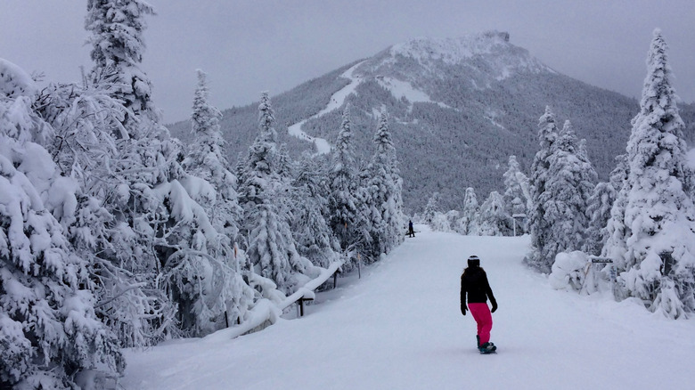 A snowboarder going down the mountain at Jay Peak Resort in Vermont