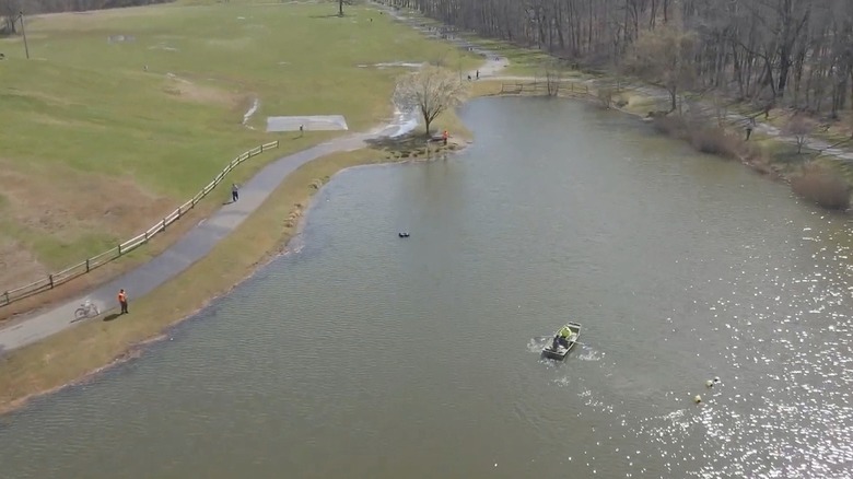 Aerial view of a row boat on Laurel Acres Park in Mount Laurel, New Jersey