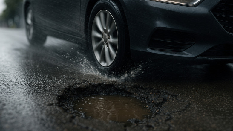 A car's wheels about to hit a pothole