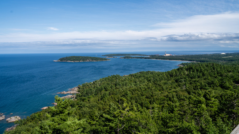 A view of forest and Lake Superior from Sugarloaf Mountain