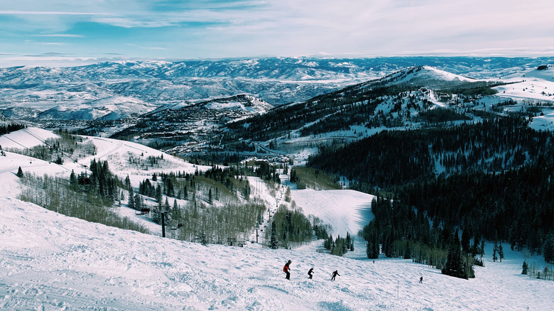 Wide shot of skiers at Deer Valley Resort in Utah