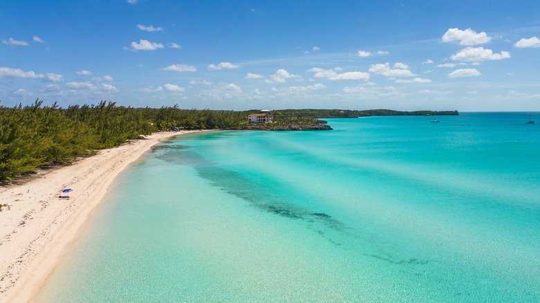 Aerial view of a pink-sand beach on Eleuthera
