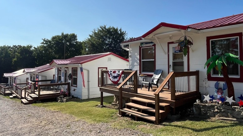 Red and white cabins of Bull Shoals Bass Hole Lodge