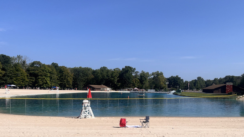 Sandy beach at the lake in Darlington County Park, New Jersey
