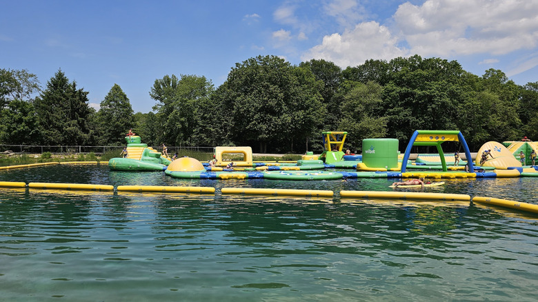 Inflatable obstacles on the lake at Darlington County Park, New Jersey