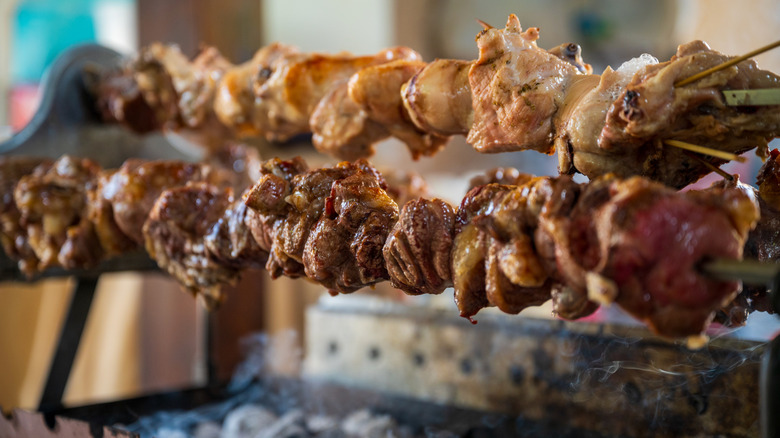 Spit roasted souvla, a traditional Greek dish