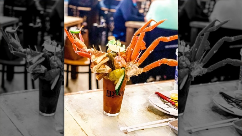 The Blind Pelican Bloody Mary with crab legs, grilled cheese, and more