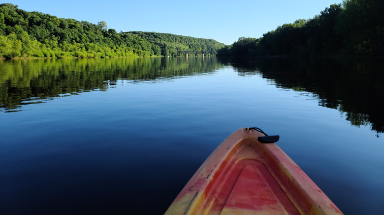 Kayaking on a still St. Croix River, with trees on the shoreline reflected in water