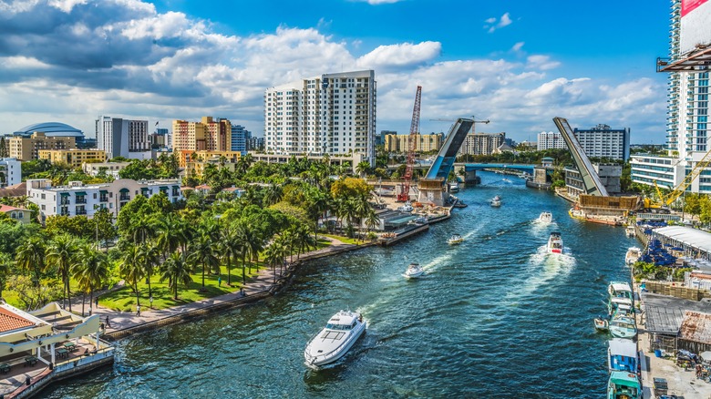 An aerial view of Miami, Florida with cafes on the waterfront and boats in the water