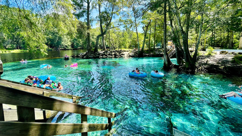 People float on colorful inner tubes at Ginnie Springs, natural spring-fed pools near Devil's Millhopper Geological State Park, Florida.