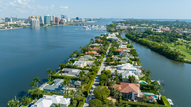 Aerial image of luxury mansions and real estate on Everglades Island, Palm Beach in Florida
