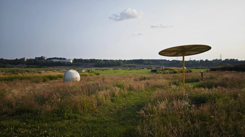 View of grasses, spheres, and shades in Frédéric-Back Park in Montreal