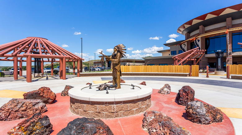 A statue outside the Tribal Government Headquarters in New Town, North Dakota