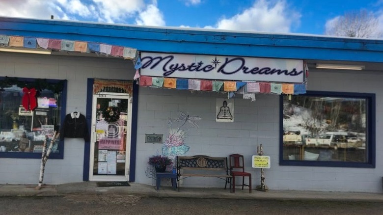 Colorful storefront of Mystic Dreams gift store in Clearwater, British Columbia