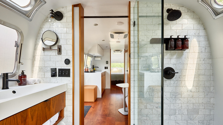 Interior of one of the Airstream Suites at AutoCamp Sequoia, located by Sequoia National Park in California