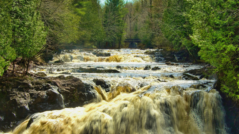 The Bad River rushing over a series of small waterfalls in Copper Falls State Park, Wisconsin