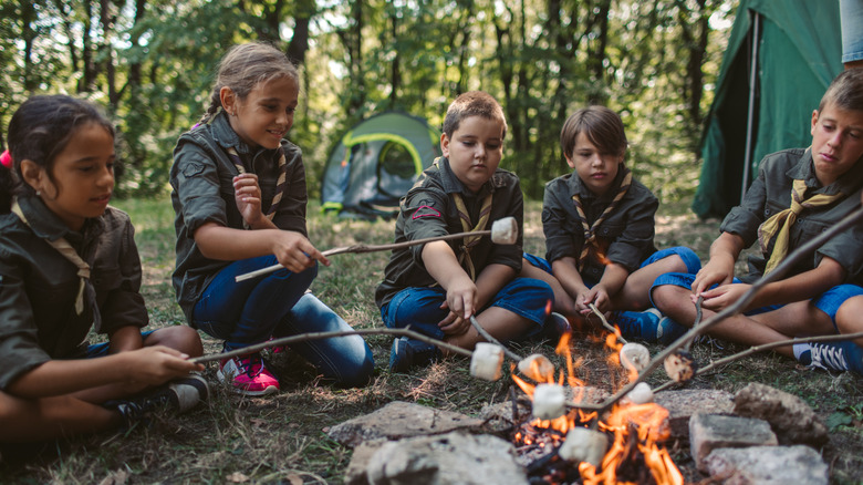 A group of scouts roasting marshmallows at a campsite fire