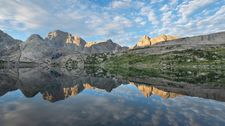 Temple Peak reflected in a deep lake in Bridger Wilderness Wind River Range, Wyoming