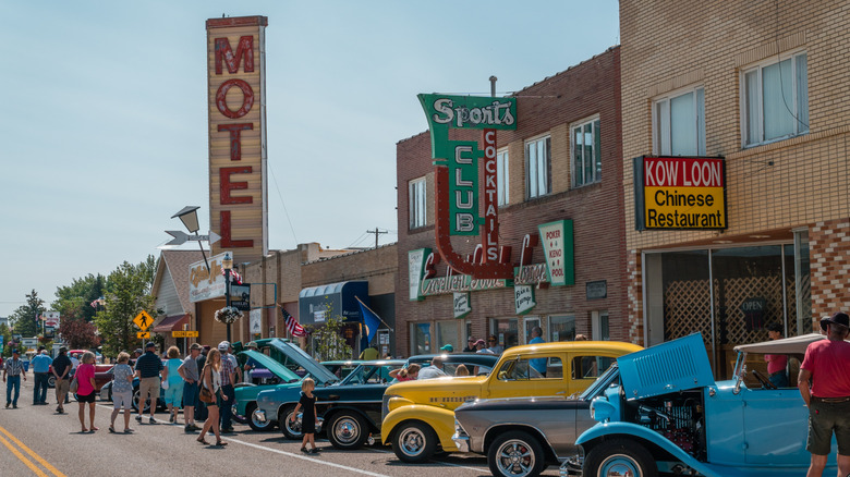 Downtown Shelby Montana, vintage cars, signs