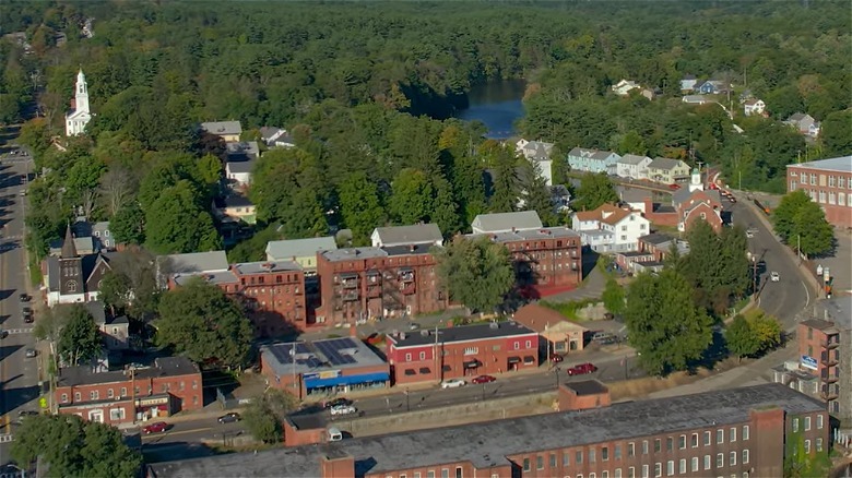 Arial view of Ware, MA with brick buildings