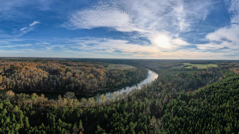 Aerial view of the Yadkin River in North Carolina during the day.
