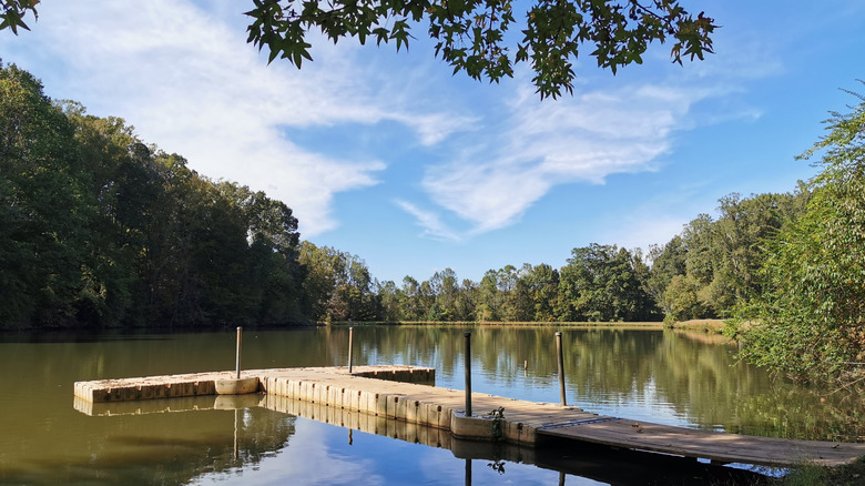 Small dock on a lake at Tanglewood Park in North Carolina during the day.