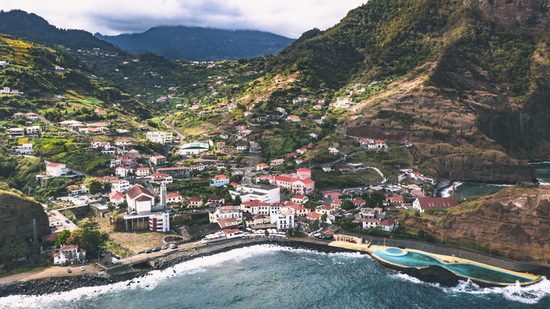 An aerial view of Porto da Cruz, Madeira