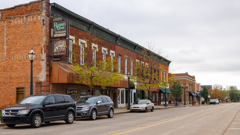 A red-brick restaurant, pub, and shops with a few cars and trees in front of them on an overcast day