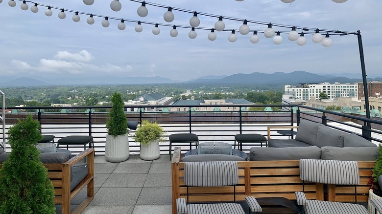 View of the mountains from the rooftop bar at Asheville's Flat Iron Hotel