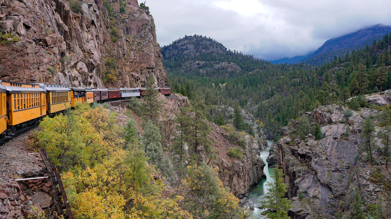 The Durango and Silverton Narrow Gauge Railroad above the Animas River during fall in Colorado