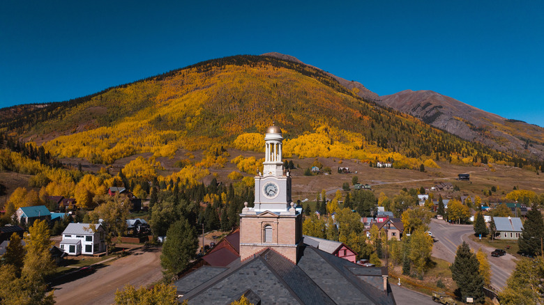 Silverton, Colorado, in the Rocky Mountains surrounded by fall foliage