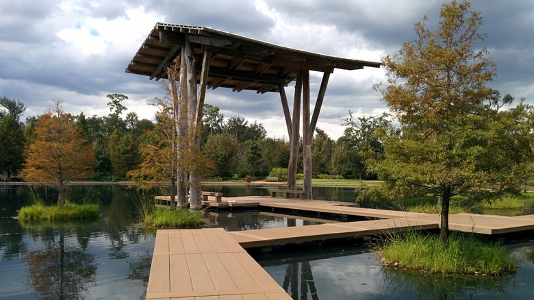 Boardwalk and pavilion at Shangri La Botanical Gardens in Orange, Texas.