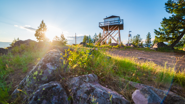 White fire lookout tower perched on a mountain in Montana wilderness