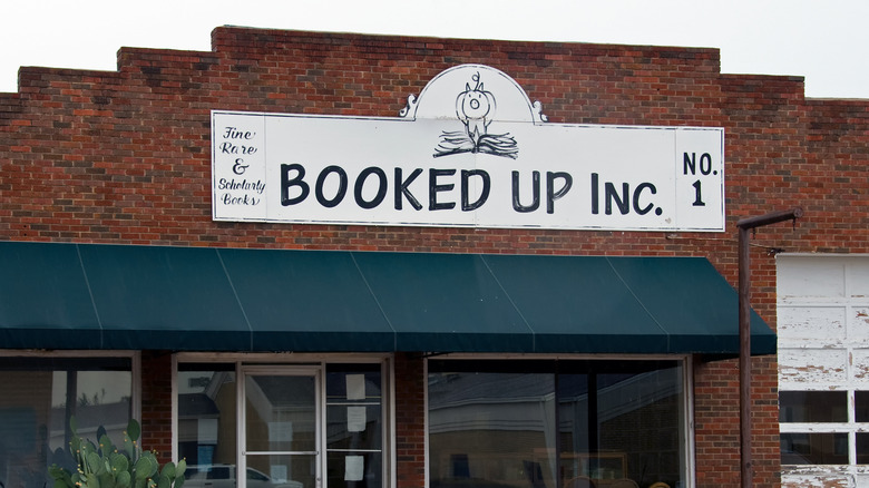 Booked Up Inc No. 1 sign on brick facade Archer City, Texas